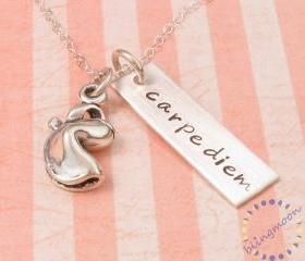 Silver necklace: engraved name tag with fortune cookie