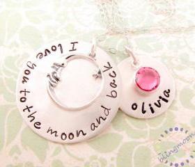 Hand Stamped Jewelry for Mothers I Love You To the Moon and Back Personalized Sterling Silver Necklace with Name and Birthstone