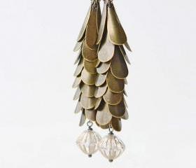 Boho brass earrings, long fringe earrings cluster vintage brass, gold filled spring fashion