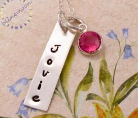 Hand Stamped Jewelry: Personalized Mothers Jewelry with a birthstone - rectangle name dog tag