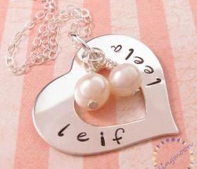 Silver heart necklace: personalized charm necklace with pearls