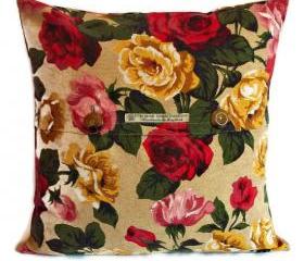Vintage 1950s linen roses cushion cover with pattern matched front button fastening 45cm