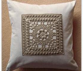 Luxury handmade fine mercerised cotton crochet panel cushion cover in stone and white 40cm