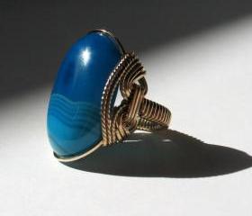 Tropical Ocean Ring, Sky Blue Agate, Turquoise Blue, Gold Fill, Handmade Jewelry 