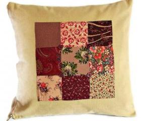 Vintage style patchwork panel cushion cover in pinks and burgundy with zip fastening 35cm
