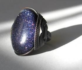 Blue Goldstone Ring, Sky of Stars , Warm Oxidized Copper, 