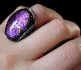 Dichroic Glass Ring, Purple Fuchsia Pink, Fused Glass, Oxidized Silver, Custom Sized