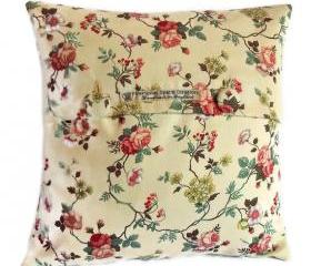 Vintage style rosbud print cotton sateen cushion cover with fabric covered button fastening 35cm