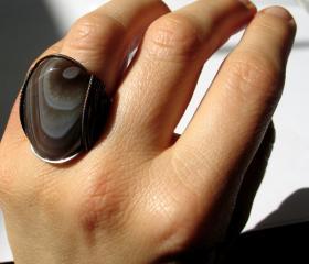 Natural Ring, Botswana Agate Gemstone, Oxidized Copper, Custom Made, Mocha Cream 