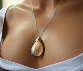 Pink Labradorite Necklace, Bright Colorful Stone, Sterling Silver, Custom Chain Length