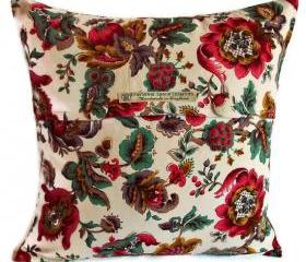 Vintage 1950s light cotton bright floral cushion cover with fabric covered button fastening 40cm