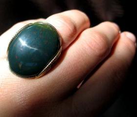 Forest Green Ring, Bloodstone, Gold Fill, Chunky Stone Ring, Mens Ring, Women 