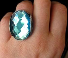 Turquoise Glass Ring, Faceted, Bright Aqua Blue, Oxidized Silver