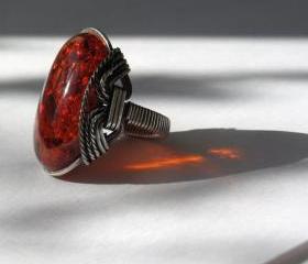 Madeira Amberlite Ring, Amber Red, Oxidized Silver, Dark Orange Red