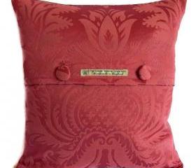 Vintage Thornber soft flock damask cushion cover in dusky rose with fabric covered button fastening 40cm