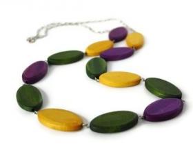 Long Wood Necklace in Fall Colors. Chunky Necklace in Purple, Yellow and Forest Green