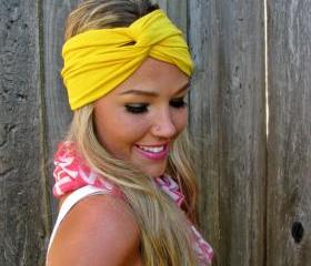 Vintage Turban Style Stretch Rayon Jersey Knit Headband in Sunshine Yellow- Multi Ways to Wear