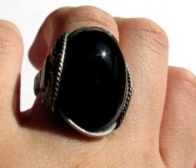 Black Onyx Ring, Chunky Gemstone, Oxidized Sterling Silver