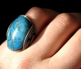 Stone Ring, Teal Blue Crazy Lace Agate, Sea Blue, Chunky Large Ring