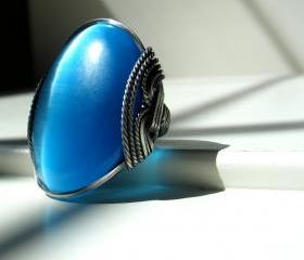 Cats Eye Ring, BIG Turquoise Blue, Oxidized Silver, Giant Flashy Ring
