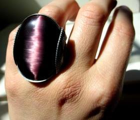 Purple Ring, Giant Glass Cats Eye, Oxidized Silver, Flash & Glow