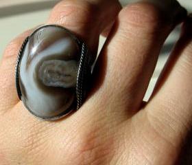 Creamy Natural Ring, Botswana Agate, Oxidized Silver, Men, Women, Any Size