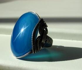 Sky Blue Ring, Agate Gemstone, Crisp Cool Water, Oxidized Silver 
