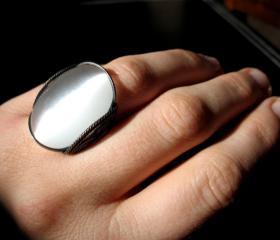 Glowing White Ring, Cat's Eye, Oxidized Copper, Handmade