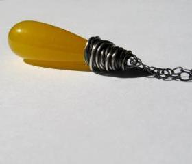 Sunshine Yellow Necklace, Oxidized Silver, Tear Drop Necklace 