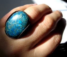 Aqua Teal Blue Ring, Bright Statement Ring, Oxidized Copper