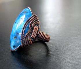 Peacock Teal Blue Ring, Jasper Stone, Oxidized Copper, Wire Wrapped 
