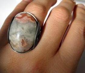 Druzy Agate Ring, Crazy Lace Agate, Oxidized Sterling Silver, Gray White Peach Pink