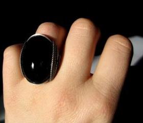 Big Onyx Ring, Oxidized Sterling Silver, Mens Ring, Women, Black Stone 