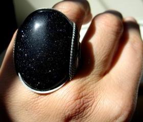 Starry Goldstone Ring, Dark Blue, Oxidized Sterling Silver, BIG Chunky Ring