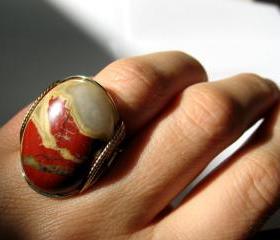 Red Jasper Ring, Big Natural Geode Stone, Yellow & Red, 14K Gold Fill, Any Size