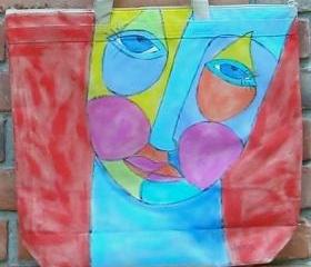 Hand Painted Large Tote Bag with Funky Abstract Face Painting