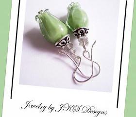 Green Tulip Earrings, Floral Lampwork Earrings, Labradorite Gemstone Earrings, Jewelry by JKS Designs