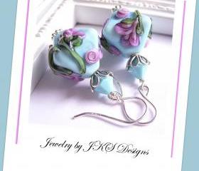Turquoise Lampwork Earrings, Shabby Chic Blue Floral Earrings, Jewelry by JKS Designs