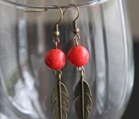 Red Bead Brass Feather Earrings Dangle