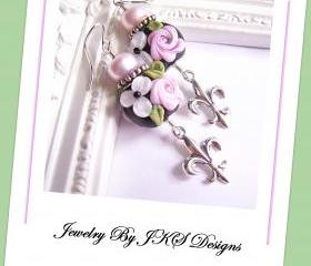 Pink Shabby Chic Rose Earrings, Lampwork Sterling Silver Fleur De Lis Floral Earrings, JKS Designs, Australia