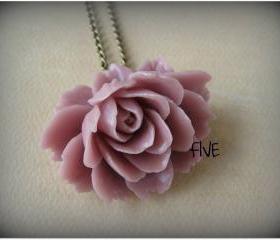 Mauve Ruffle Rose Cabochon Pendant on Antique Brass Chain Necklace - Jewelry by FIVE