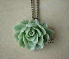  Seafoam Green Ruffle Rose Cabochon Pendant on Antique Brass Chain Necklace - Jewelry by FIVE