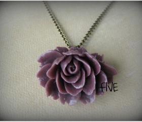 Plum Ruffle Rose Cabochon Pendant on Antique Brass Chain Necklace - Jewelry by FIVE