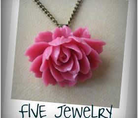 oneysuckle Pink Ruffle Rose Cabochon Pendant on Antique Brass Chain Necklace - Jewelry by FIVE