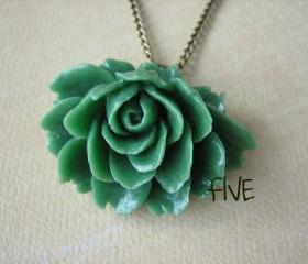 Green Ruffle Rose Cabochon Pendant on Antique Brass Chain Necklace - Jewelry by FIVE