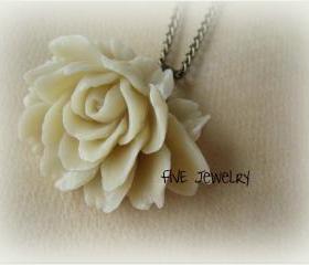Ivory Ruffle Rose Cabochon Pendant on Antique Brass Chain Necklace - Jewelry by FIVE