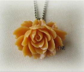 Butterscotch Ruffle Rose Cabochon Pendant on Antique Brass Chain Necklace - Jewelry by FIVE