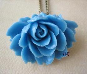 Blue Ruffle Rose Cabochon Pendant on Antique Brass Chain Necklace - Jewelry by FIVE