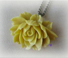 Yellow Ruffle Rose Cabochon Pendant on Antique Brass Chain Necklace - Jewelry by FIVE