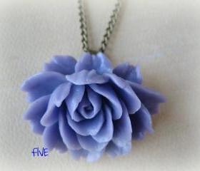 Lilac Ruffle Rose Cabochon Pendant on Antique Brass Chain Necklace - Jewelry by FIVE
